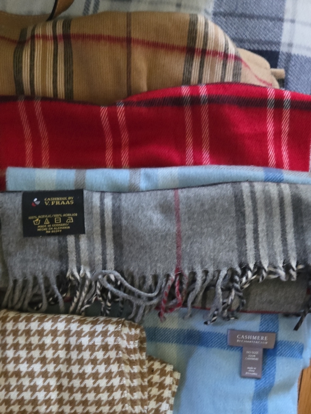 V. Praas and Cashmere-Blend Plaid Scarves — Red, Gray, Light Blue, Tan
